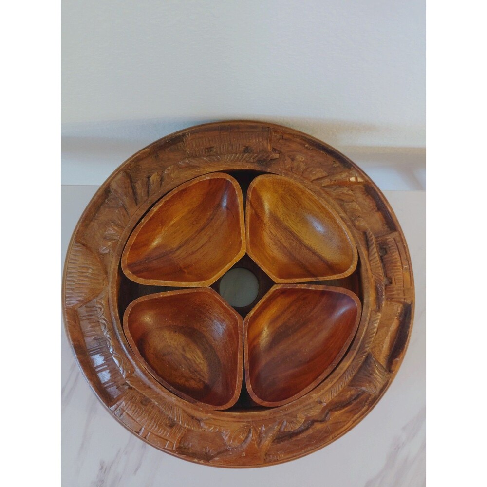 Monkey Pod Wood Lazy Susan with Bowls - Missing Center Piece - Kiln Dried Wood